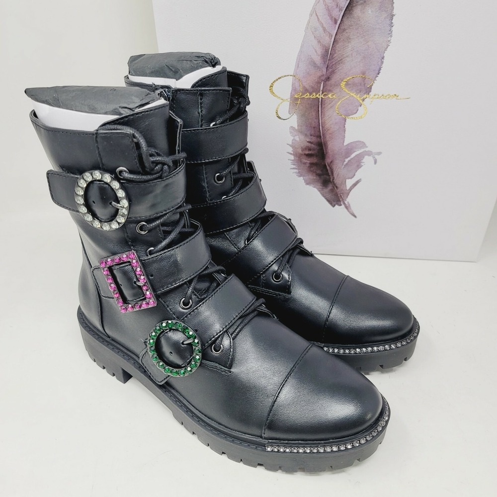 Jessica Simpson Womens Boots Sz 5 M Biker Buckle Leather Black Eco Sheep Kirlah